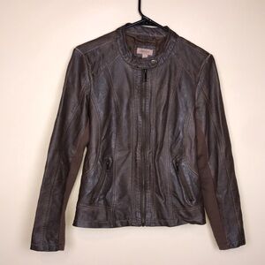 ❌SOLD❌Style & Co Women’s Faux Leather Brown Moto Ribbed Panels Perforated Jacket